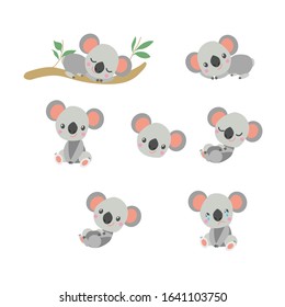 Collection with baby koala bear. Flat cartoon style. Sleeping koala on eucalyptus tree branch. Lying and sitting. Smiling and happy. Crying and sad. For children's design. Funny and cute. Australia