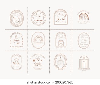 Collection of Baby logotype template with cute elements, toys, clothes, animals, moon, sun, stars, rainbow. Bohemian kids illustration. Editable vector illustration.
