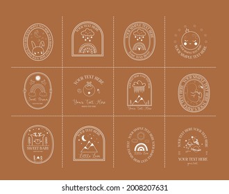 Collection of Baby logotype template with cute elements, toys, clothes, animals, moon, sun, stars, rainbow. Bohemian kids illustration. Editable vector illustration.