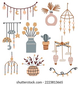 Collection baby mobile and vase nursery decor. Flat boho vector isolated element