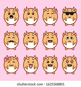 Collection of baby monster emoticon stickers. Set of cute mascot emojis