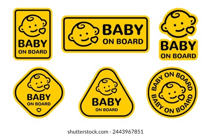 A Collection of Baby on Board Sticker in Black and Yellow. Child Car Safety Adhesive. Warning Sign