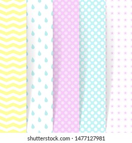 Collection of baby seamless patterns. Delicate pastel colors used. Design for fabric,wallpaper, cards prints of baby goods.Vector backgroun