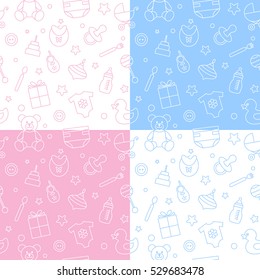 Collection of baby seamless patterns. Linear style. All seamless pattern included in swatch panel. Vector background.