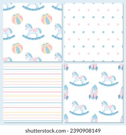 Collection of baby seamless patterns from rocking horse, toys, stripes and dots. Pastel background for kids. Vector