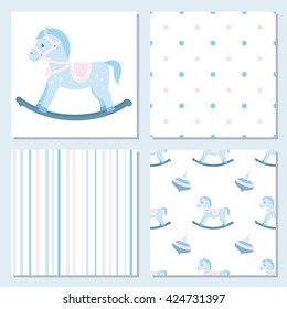 Collection Of Baby Seamless Patterns Strips And Points.Rocking Horse.Vector Illustration