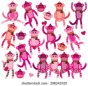 	Collection of Baby Shower or Baby Girl Sock Monkey Vectors