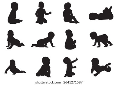A Collection of Baby Silhouette . Silhouette of Baby Sitting and Crawling Multiple Poses on white Background . 