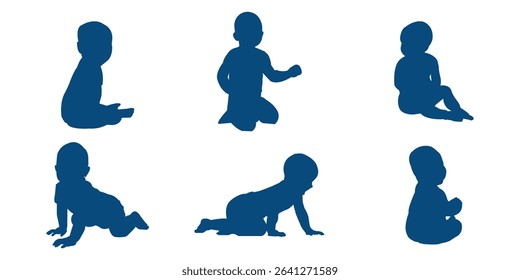 A Collection of Baby Silhouette . Silhouette of Baby Sitting and Crawling Multiple Poses on white Background . 