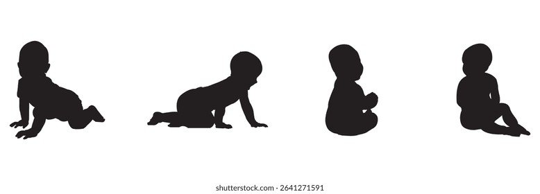 A Collection of Baby Silhouette . Silhouette of Baby Sitting and Crawling Multiple Poses on white Background . 
