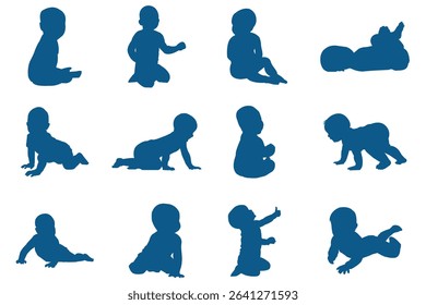 A Collection of Baby Silhouette . Silhouette of Baby Sitting and Crawling Multiple Poses on white Background . 