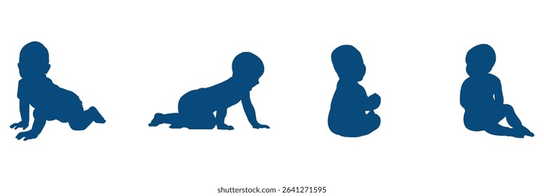 A Collection of Baby Silhouette . Silhouette of Baby Sitting and Crawling Multiple Poses on white Background . 