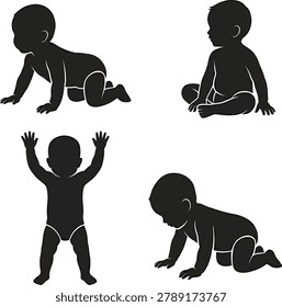 Collection of baby silhouettes depicting developmental stages and activities