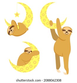 Collection with baby sloths hanging on a yellow crescent isolated. Moon and star. Cute and funny. Cartoon style. Good night. Kids bedroom. Nursery, post card, poster, graphic design, textile