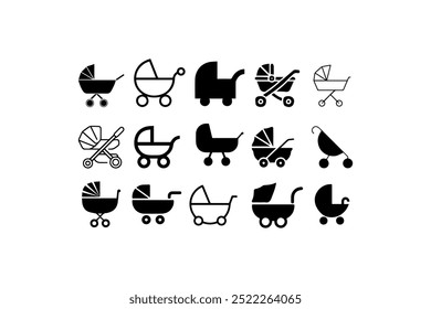 Collection of baby stroller icons in black and white. Vector illustration design.