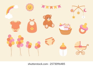 collection of baby stuff is Pacifier, onesie, bib, baby bottle, diapers, stroller and toy illustration