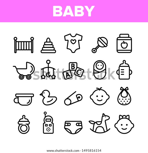 コレクションのベビーおもちゃ とエレメントのベクター画像アイコンセットの細い線 キャラクターの男性と女性の赤ちゃん おしゃぶり おしゃぶり おしゃぶりのコンセプト線形絵文字 白黒 の輪郭イラスト のベクター画像素材 ロイヤリティフリー