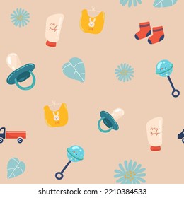 Collection of baby toys icons, hand drawn seamless pattern. backdrop with children goods. Boys toys icon set vector. Decorative illustration, good for printing. Wallpaper design