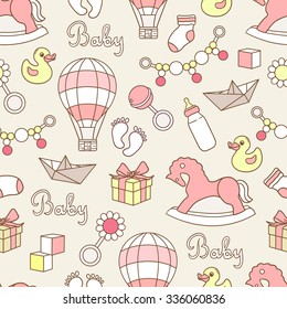 Collection of baby toys icons, hand drawn seamless pattern. Pink backdrop with children goods. Girl toys icon set vector. Decorative illustration, good for printing. Wallpaper design