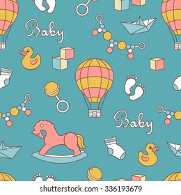 Collection of baby toys icons, hand drawn seamless pattern. Blue backdrop with children goods. Girls and boys toys icon set vector. Decorative illustration, good for printing. Wallpaper design