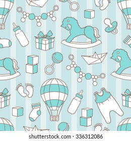 Collection of baby toys icons, hand drawn seamless pattern. Blue backdrop with children goods. Boys toys icon set vector. Decorative illustration, good for printing. Wallpaper design