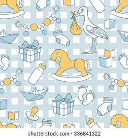 Collection of baby toys icons, hand drawn seamless pattern. Blue backdrop with children goods. Boys toys icon set vector. Decorative illustration, good for printing. Wallpaper design