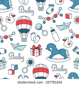 Collection of baby toys icons, hand drawn seamless pattern. Blue backdrop with children goods. Girls and boys toys icon set vector. Decorative illustration, good for printing. Wallpaper design