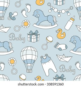 Collection of baby toys icons, hand drawn seamless pattern. Blue backdrop with children goods. Boys toys icon set vector. Decorative illustration, good for printing. Wallpaper design