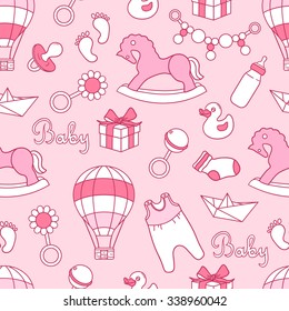 Collection of baby toys icons, hand drawn seamless pattern. Pink backdrop with children goods. Girl toys icon set vector. Decorative illustration, good for printing. Wallpaper design