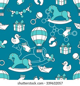 Collection of baby toys icons, hand drawn seamless pattern. Blue backdrop with children goods. Boys toys icon set vector. Decorative illustration, good for printing. Wallpaper design