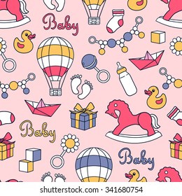 Collection of baby toys icons, hand drawn seamless pattern. Colorful backdrop with children goods. Girls and boys toys icon set vector. Decorative illustration, good for printing. Wallpaper design