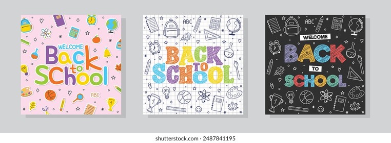 Collection of Back to School backgrounds with cartoon stationery. Vector illustration