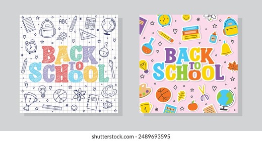 Collection of Back to School backgrounds with cartoon stationery. Vector illustration