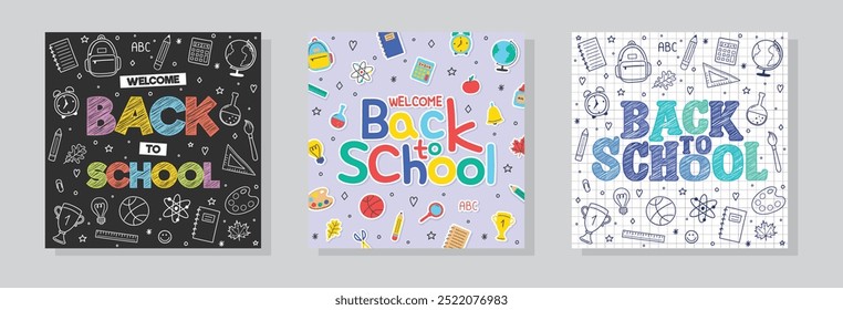 Colección de fondos de regreso a la escuela con papelería de dibujos animados. Ilustración vectorial