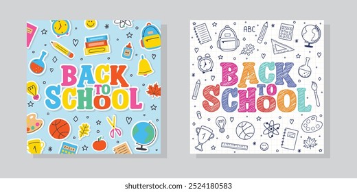 Colección de fondos de regreso a la escuela con papelería de dibujos animados. Ilustración vectorial