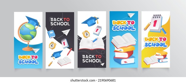 Collection Back to school banner with school supplies on background. Vector 3d illustration. Stationery items. Pens, pencils and marker pens. Educational banner design