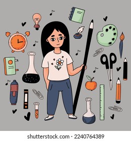 Collection back to school. Cute girl schoolgirl with pencil, school subjects, stationery, art paints and alarm clock. Vector illustration. Isolated hand colored doodles for design educational themes