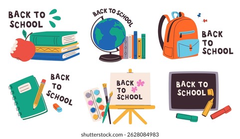 Collection of back to school icons of stationery geography globe, books, easel, paints, notepad, chalkboard and backpack. Student sticker set. Education mark labels with lettering. Vector illustration