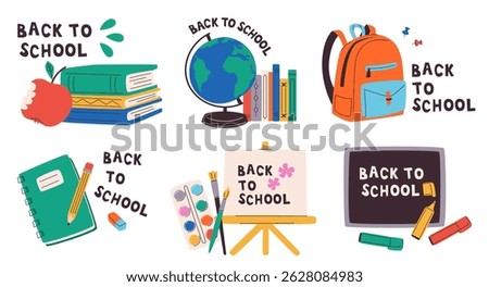 Collection of back to school icons of stationery geography globe, books, easel, paints, notepad, chalkboard and backpack. Student sticker set. Education mark labels with lettering. Vector illustration