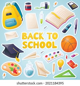 Collection of back to school illustrations in cartoon style. Stationery and office supplies for drawing and writing stickers and handwritten lettering.