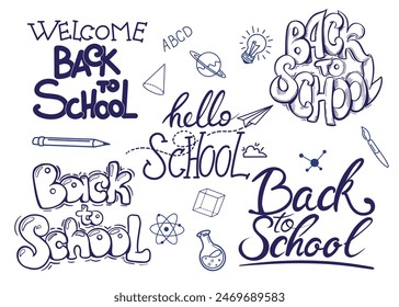 Collection of back to school lettering. Handwritten greeting words to the new school season. Vector illustration