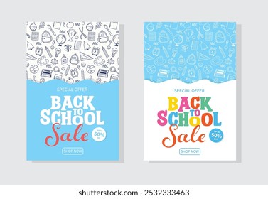 Colección de fondos de venta de regreso a la escuela con papelería dibujada a mano. Ilustración vectorial