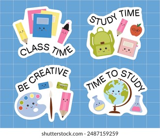 Collection of back to school stickers, supplies, stationary. Hello school collection for pupils. Clipart of stickers with supplies for pupils, lessons like pencil, notebook, bag pack, globe, ruler.