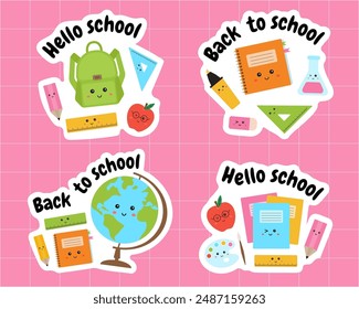 Collection of back to school stickers, supplies, stationary. Hello school collection for pupils. Clipart of stickers with supplies for pupils, lessons like pencil, notebook, bag pack, globe, ruler.