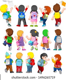 Collection of Back View Illustration of Kids wearing Backpacks	