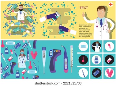 Sammlung von Hintergrund und verschiedenen Elementen des medizinischen, wissenschaftlichen und pharmazeutischen Symbols.  