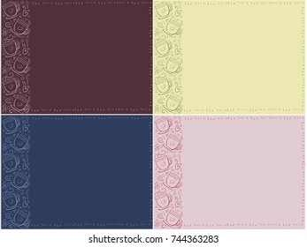 Collection background with doodle cup pattern stripe in the left - frame for text, information,  announcement, presentation, poster, menu. Doodle illustration in four color variations