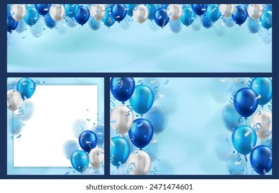 Colección de fondos con globos realistas 3d azules y blancos con marco de cintas de confeti y espacio vacío para texto de saludo o invitación. Cyan Fondos de pantalla para la celebración, venta, apertura, vacaciones