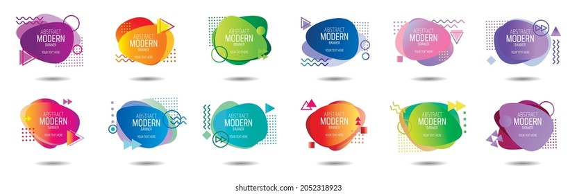 Collection of backgrounds with abstract flowing elements and dynamic geometric shapes. Creative Memphis design style. Set of stylish modern backgrounds. 