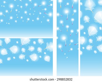 Collection of backgrounds with dandelion seeds and feathers.